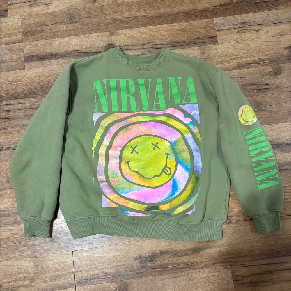 NIRVANA Olive Green Graphic Crewneck Sweater